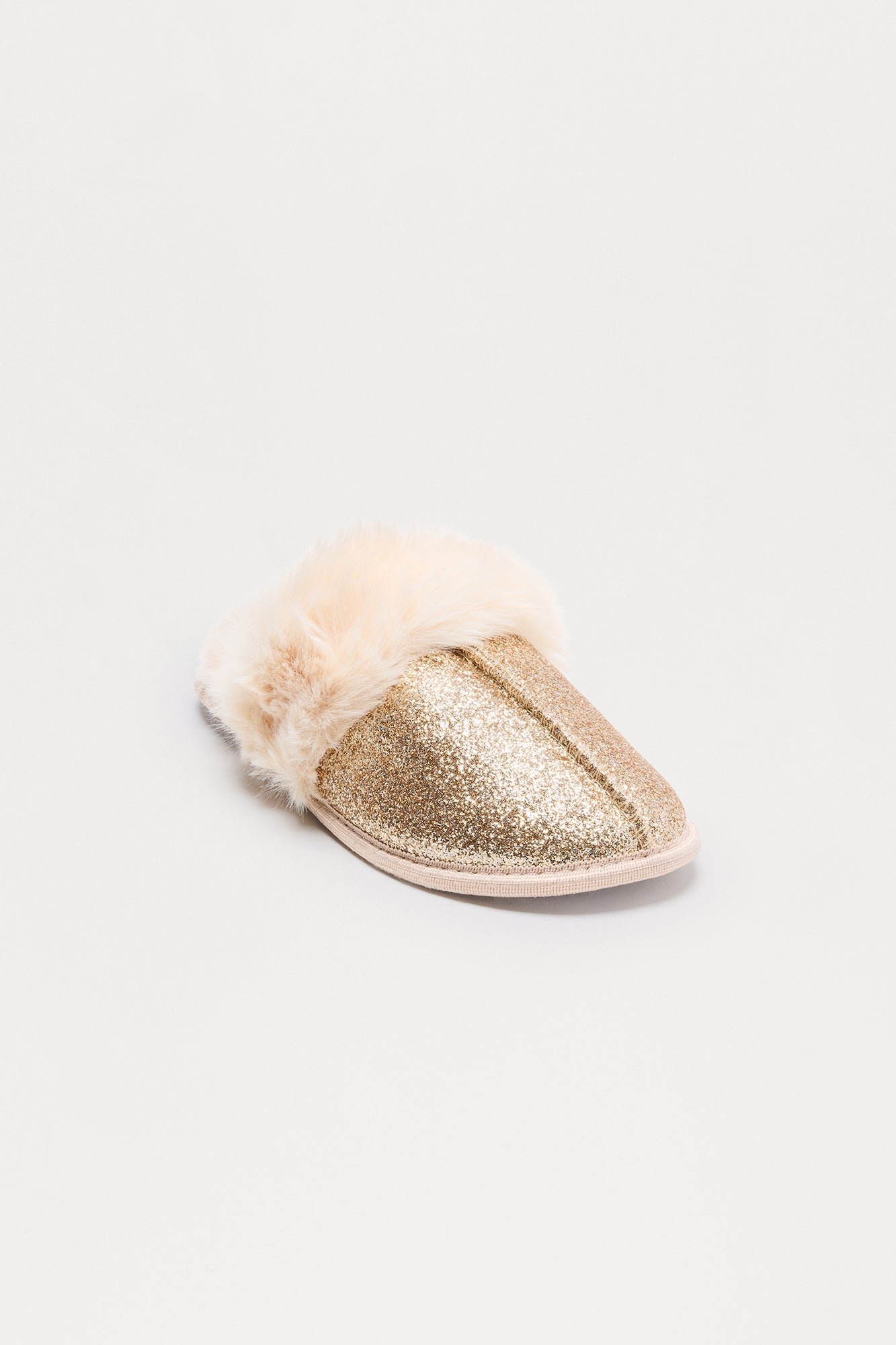 Bizzy Fur Trim Glitter Slippers - Gold