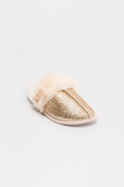 Bizzy Fur Trim Glitter Slippers - Gold