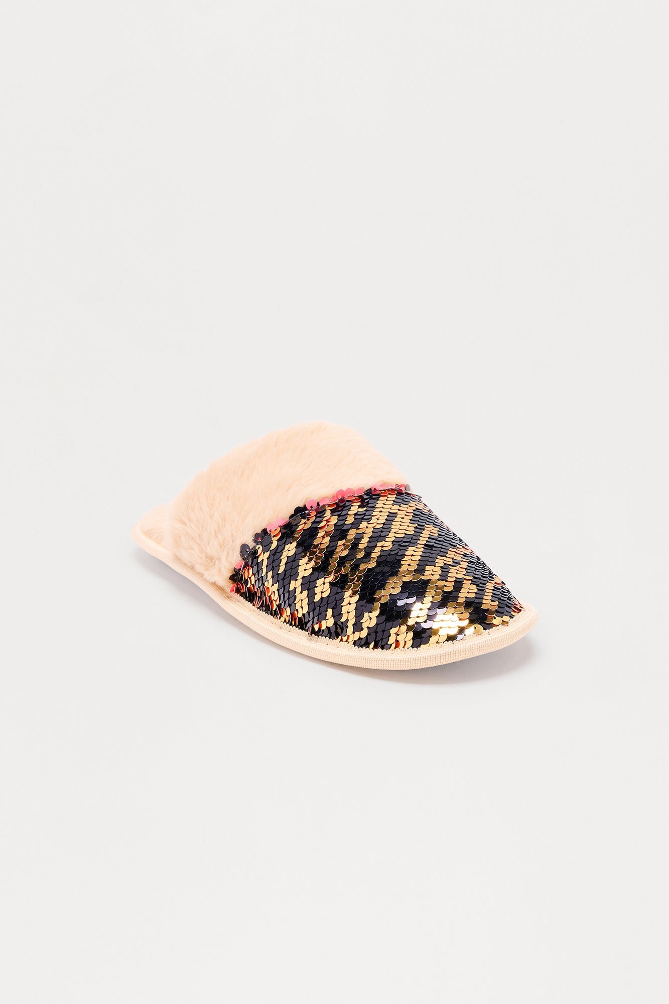 Glow Fur Trim Sequin Slippers - Gold