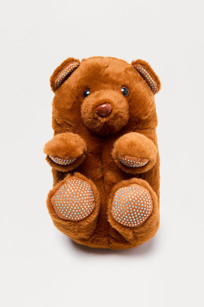 Lovey Rhinestone Bear Slippers - Brown