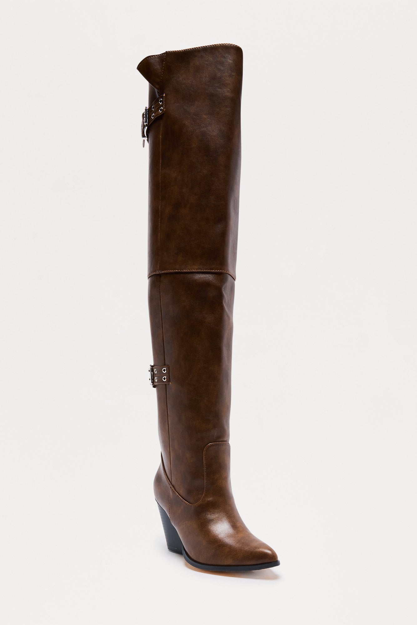 Sacha Buckle Thigh High Boots - Brown