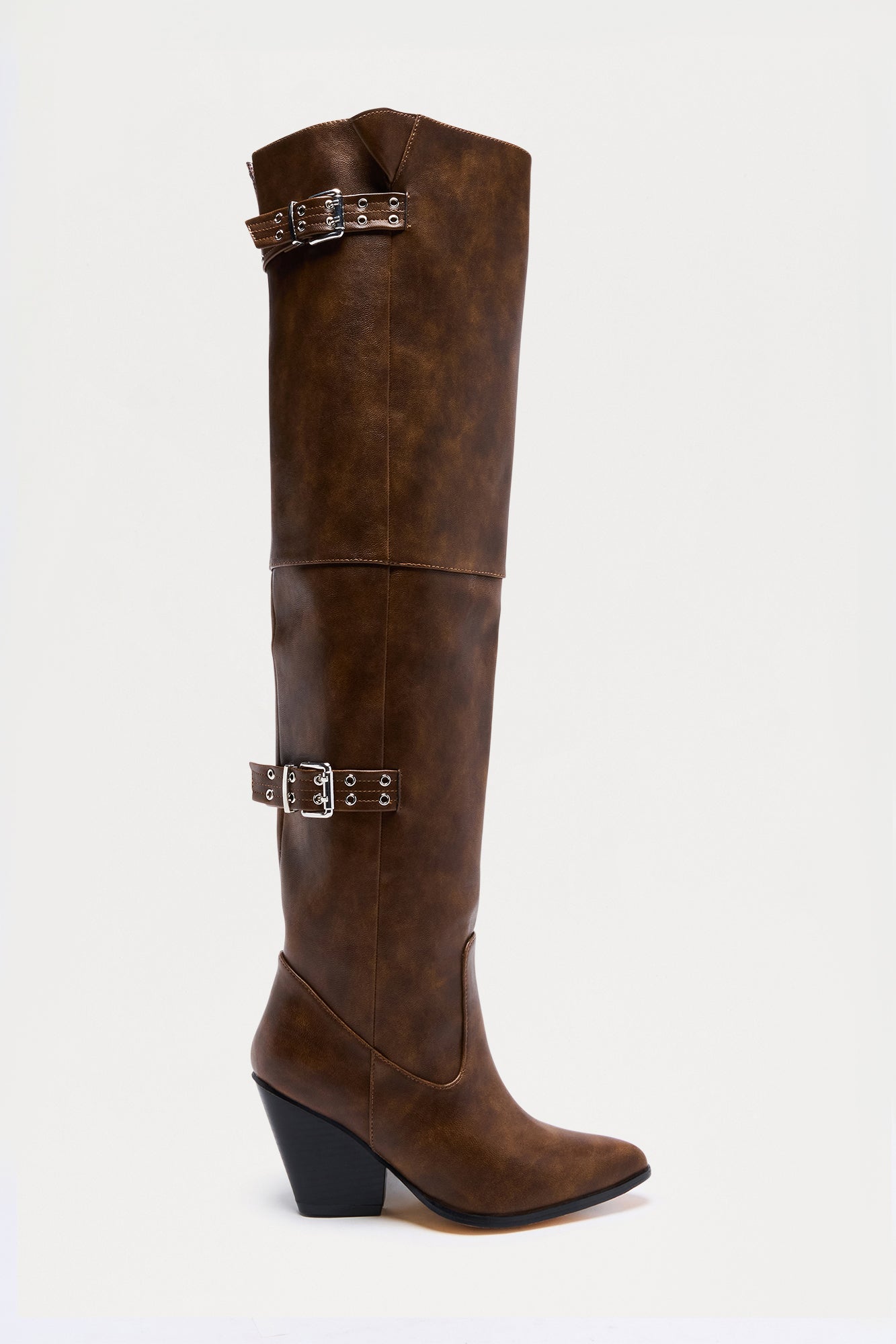 Sacha Buckle Thigh High Boots - Brown