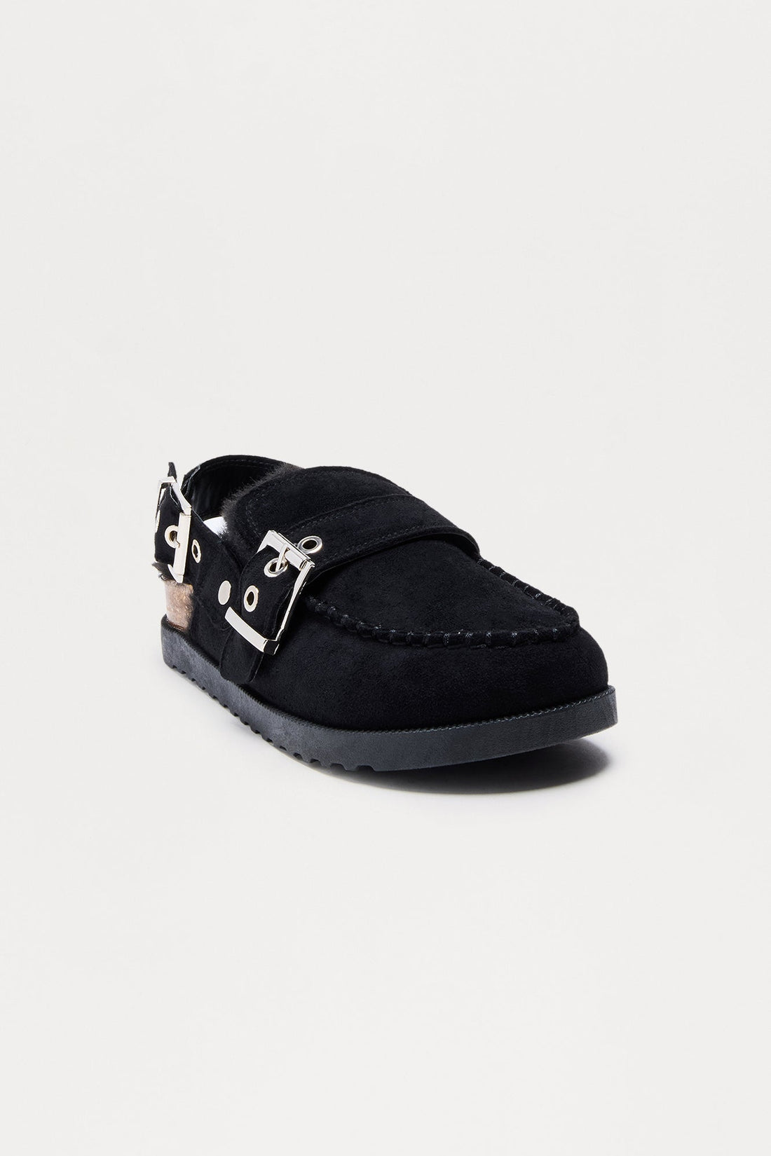 Brock Faux Fur Lined Buckle Slides - Black
