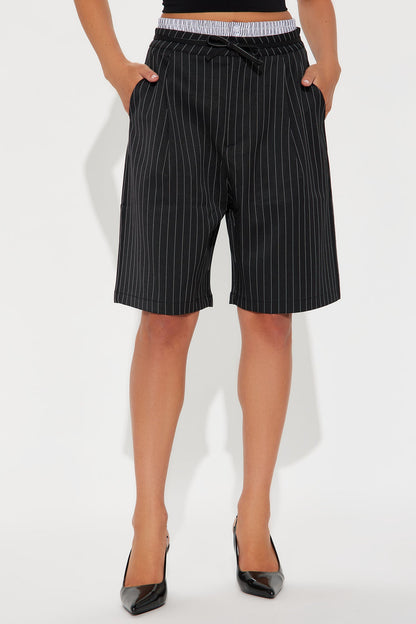 Teresa Double Waistband Pinstripe Trouser Short - Black/combo