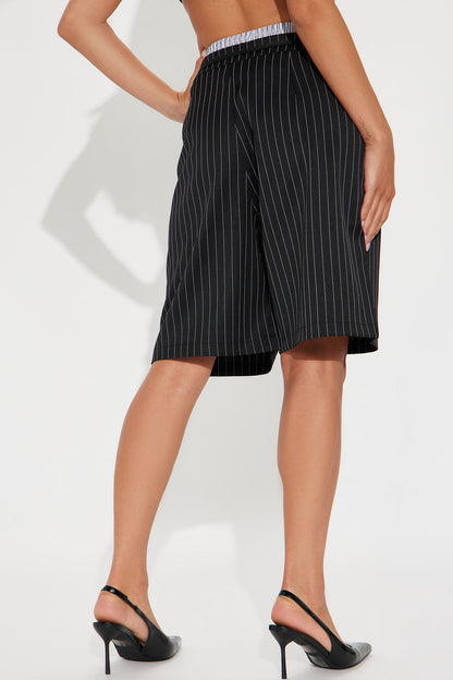 Teresa Double Waistband Pinstripe Trouser Short - Black/combo