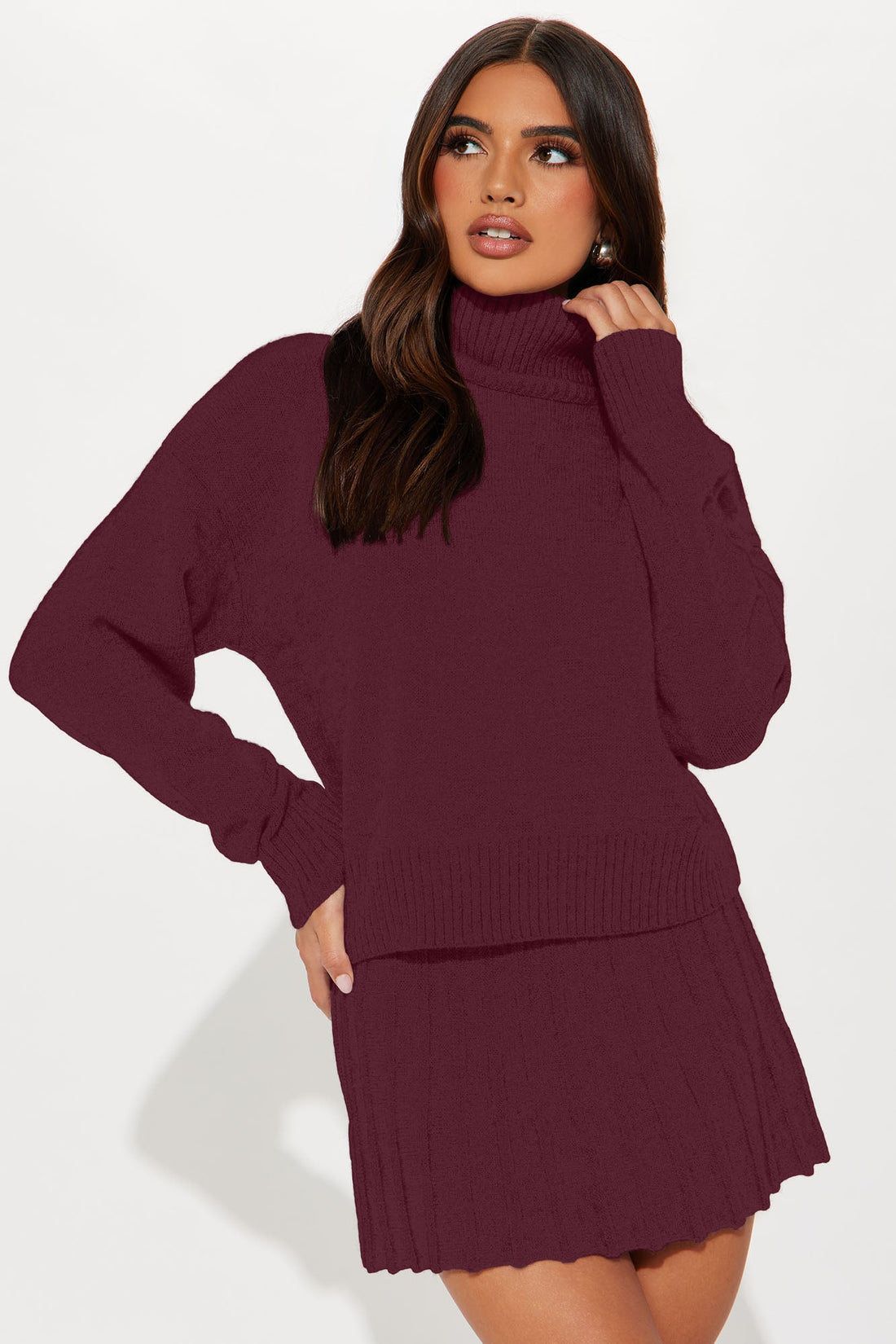 First Look Pleated Sweater Skirt Set - Burgundy