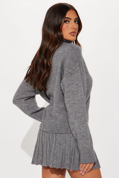 First Look Pleated Sweater Skirt Set - Grey