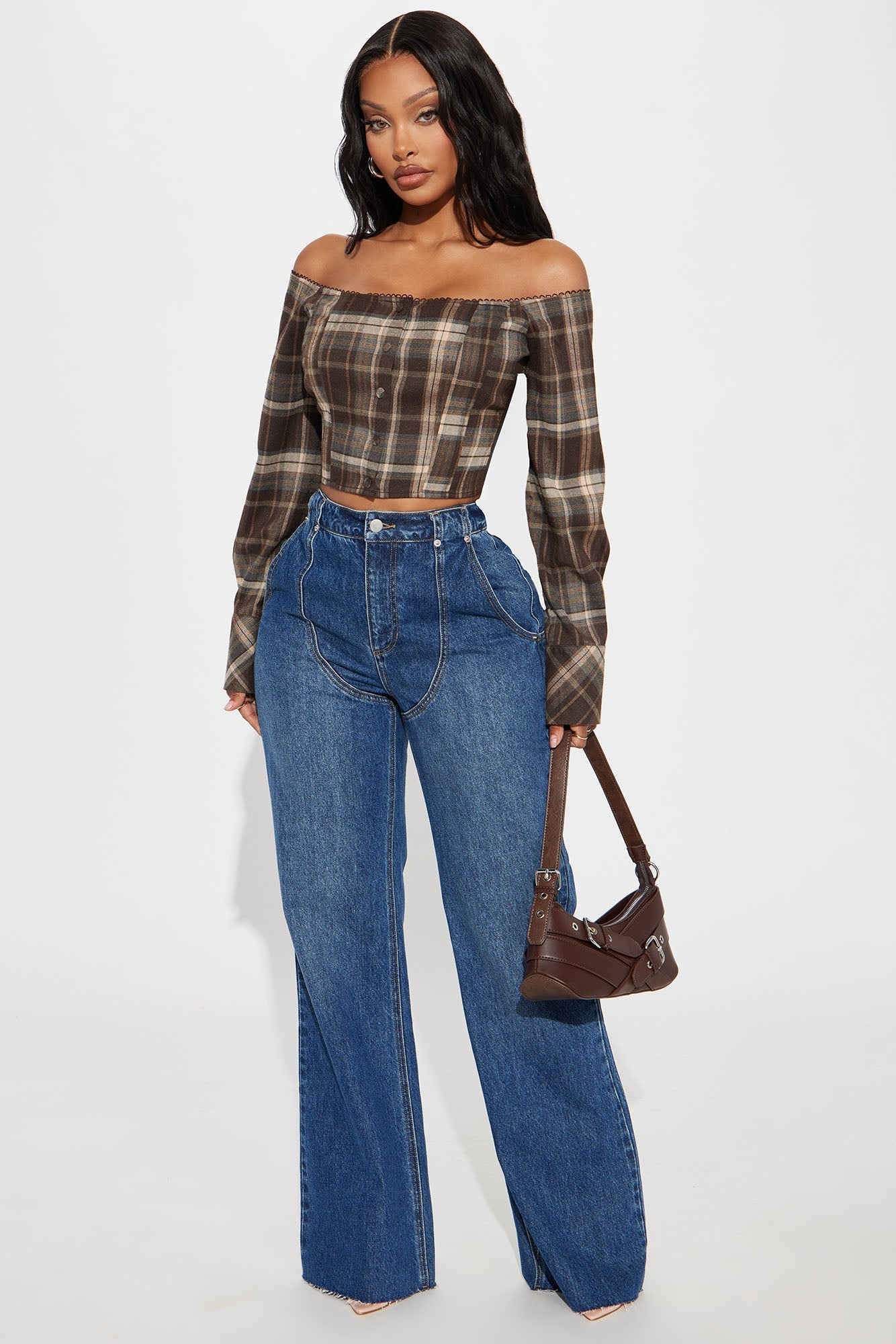 Beeba Plaid Off Shoulder Top - Brown/combo