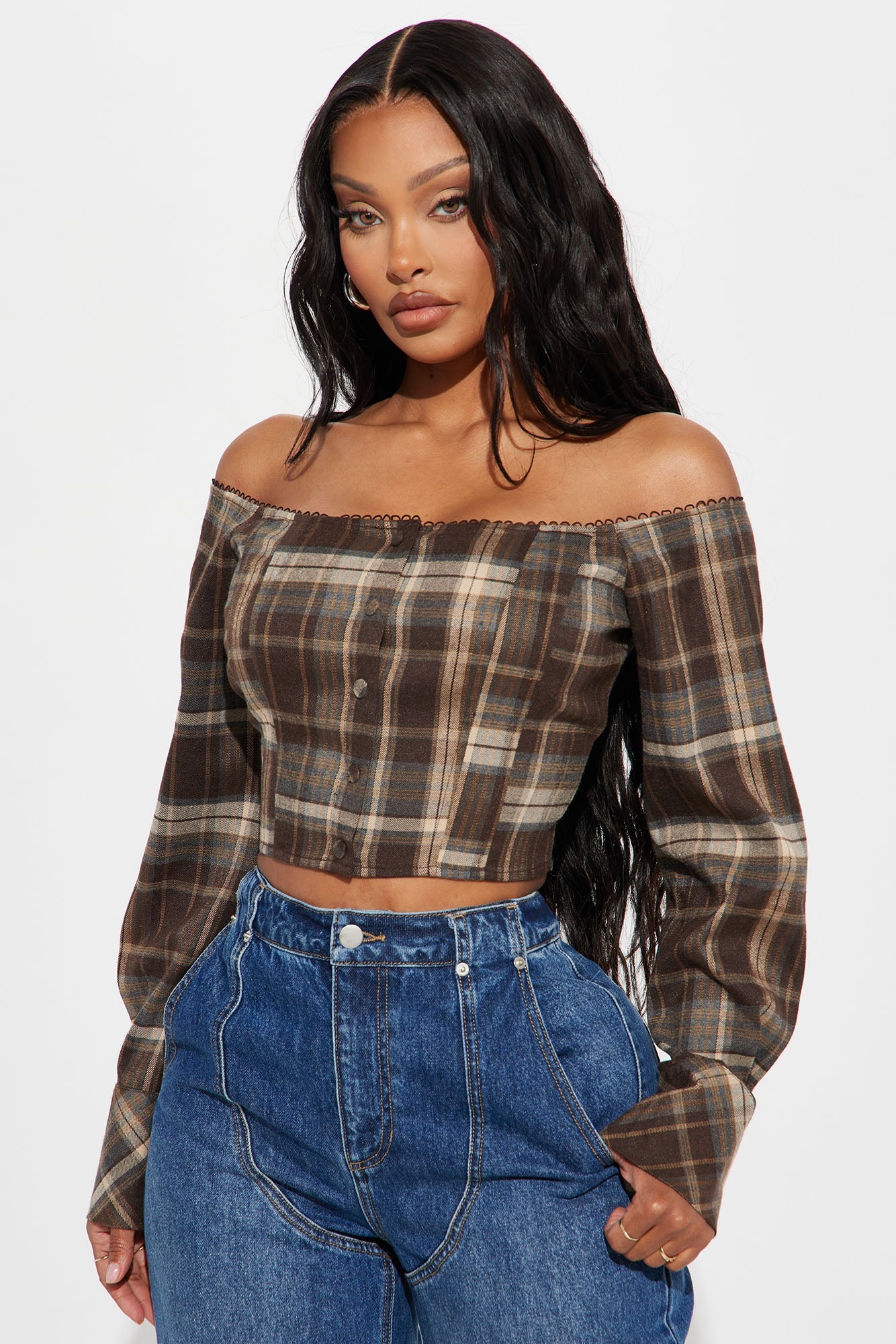 Beeba Plaid Off Shoulder Top - Brown/combo