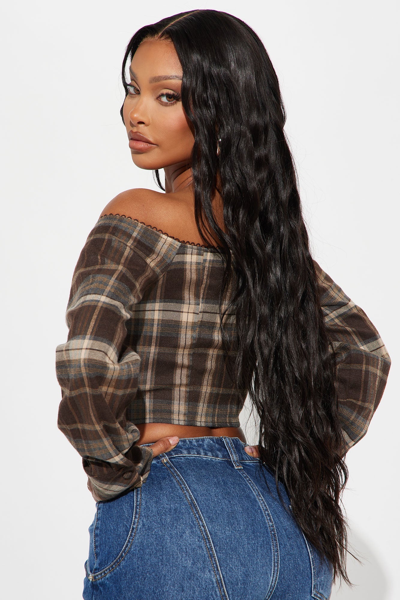 Beeba Plaid Off Shoulder Top - Brown/combo