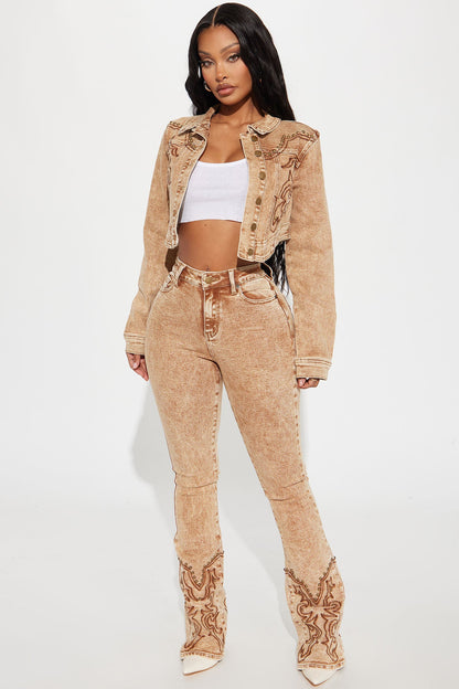 Letting It Ride Stretch Embellished Flare Jeans - Brown