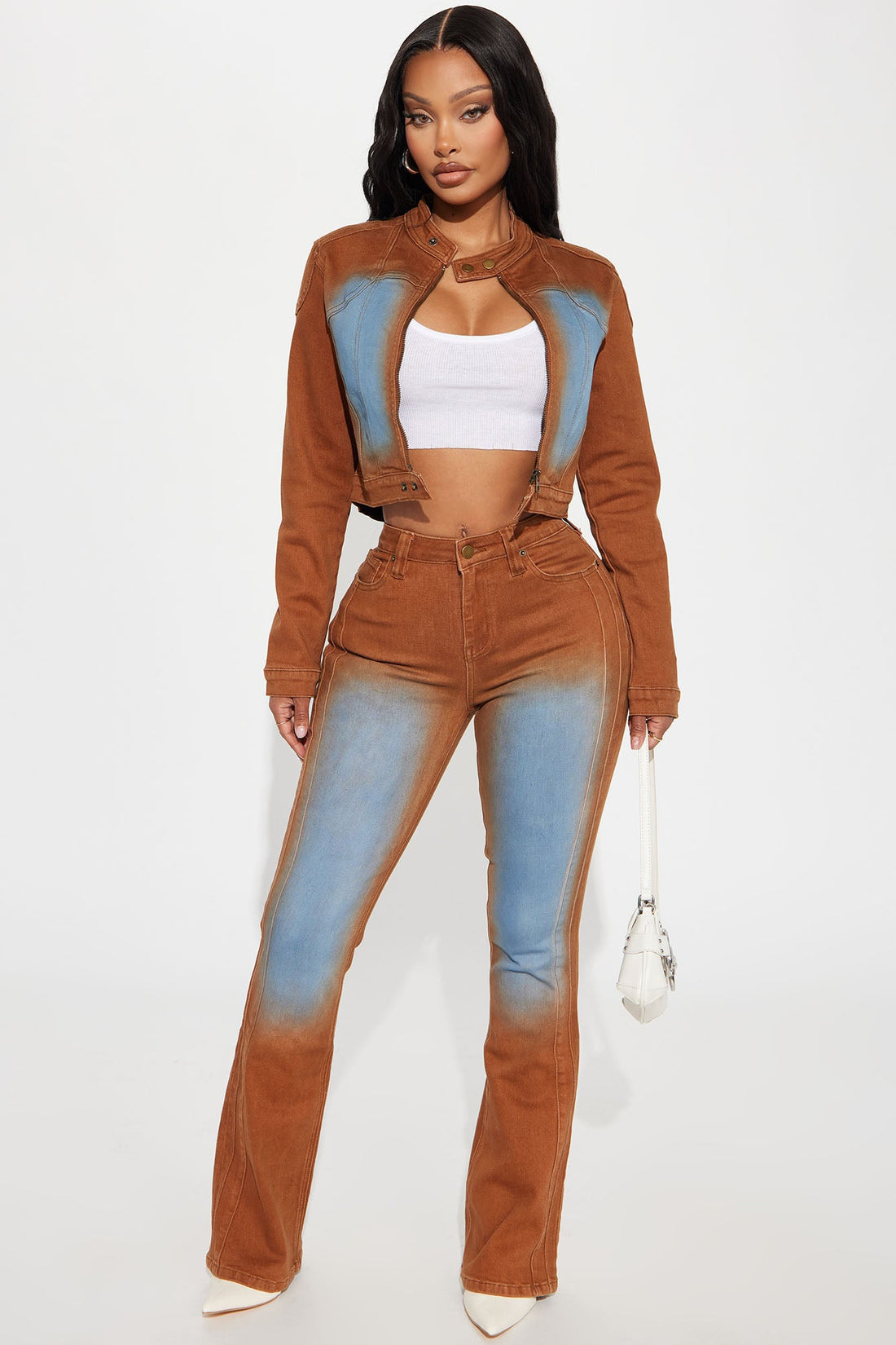 Switch Lanes Tinted Moto Flare Jeans - Brown