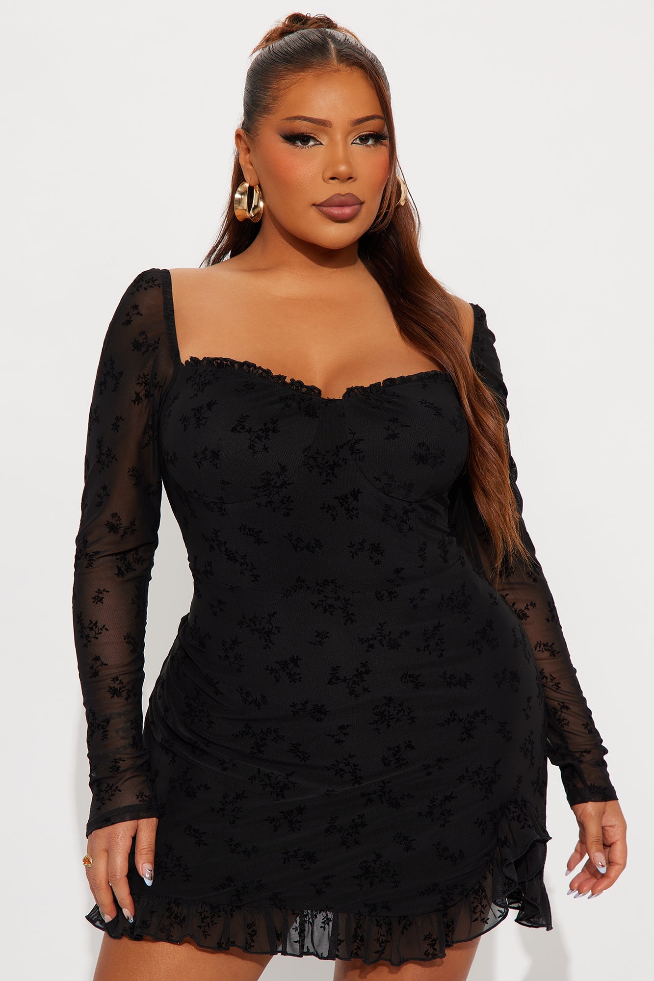 Julia Long Sleeve Flocked Mini Dress - Black