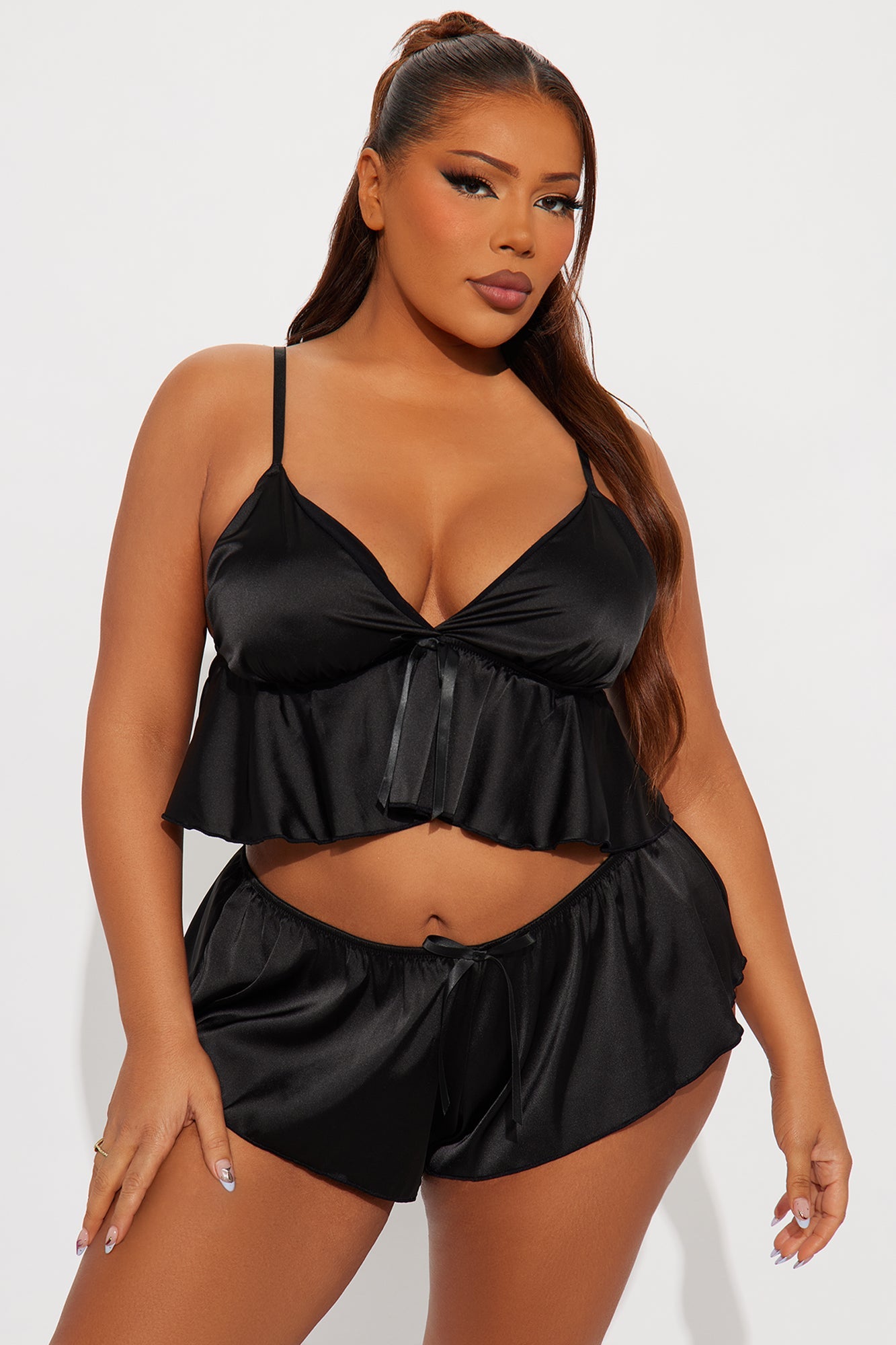 Lovely Romance Satin Cami Short 2 Piece Set - Black