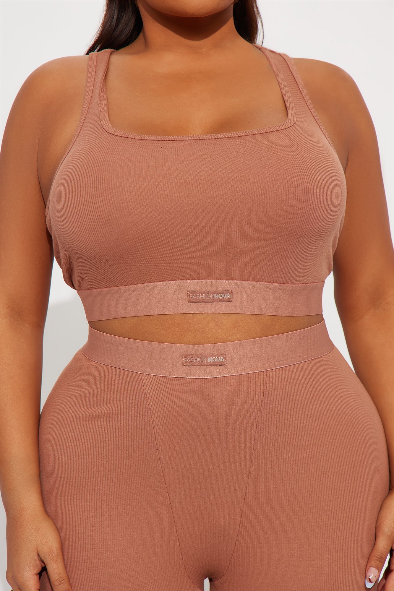 FN Mood Racerback Bra And Legging 2 Piece Ribbed Cotton Set - Mocha