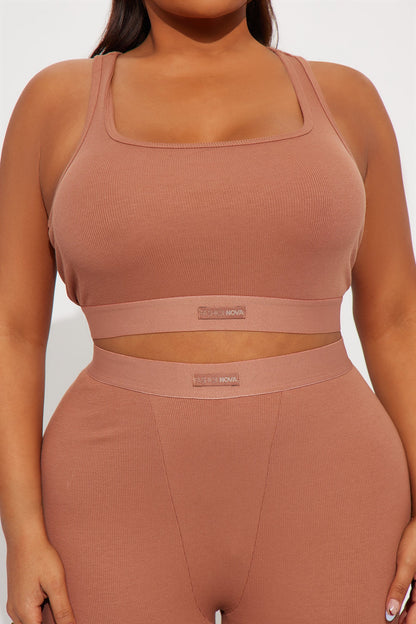 FN Mood Racerback Bra And Legging 2 Piece Ribbed Cotton Set - Mocha