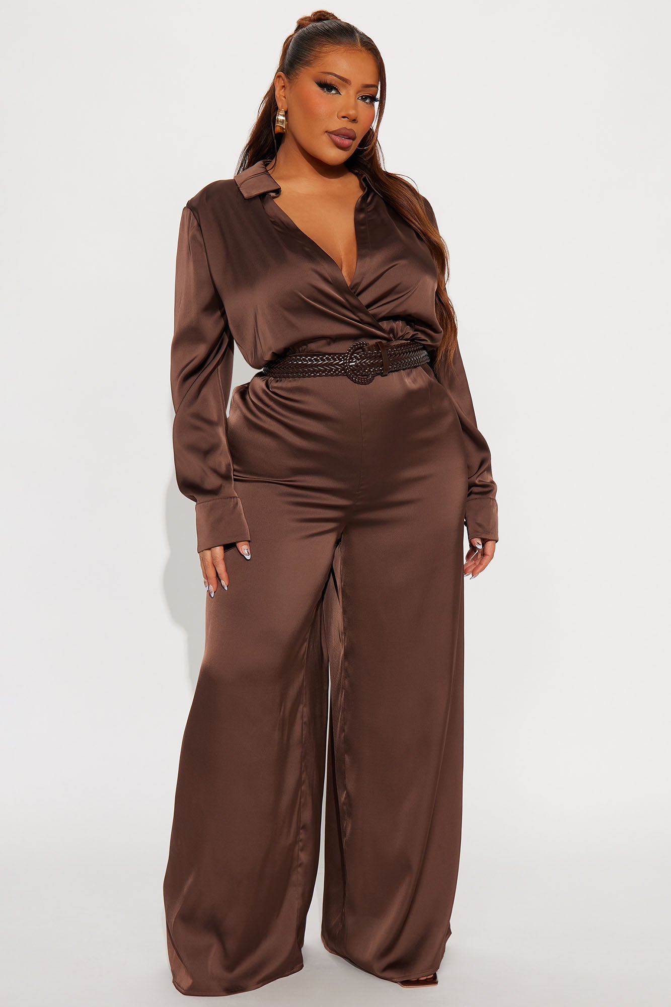 After Dark Satin Wide Leg Belted Jumpsuit - Dark Brown