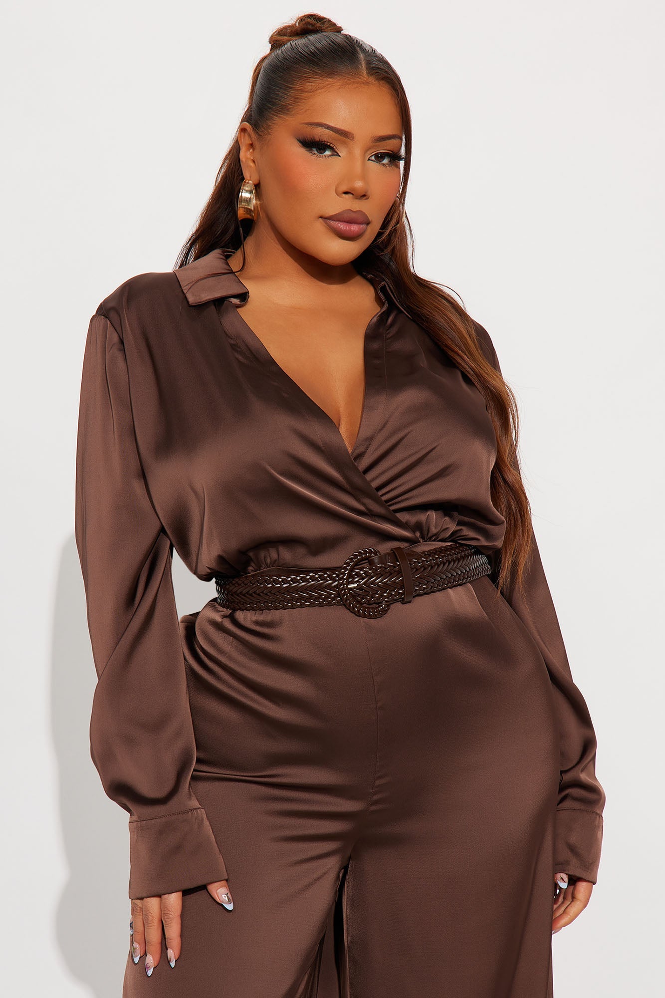 After Dark Satin Wide Leg Belted Jumpsuit - Dark Brown