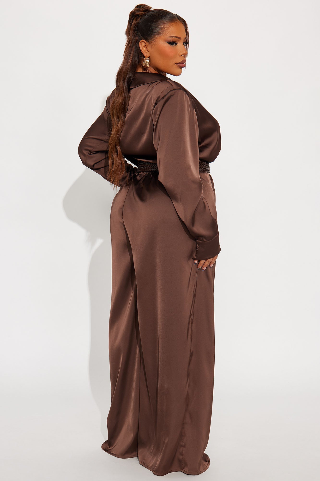 After Dark Satin Wide Leg Belted Jumpsuit - Dark Brown