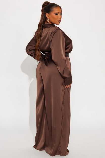 After Dark Satin Wide Leg Belted Jumpsuit - Dark Brown