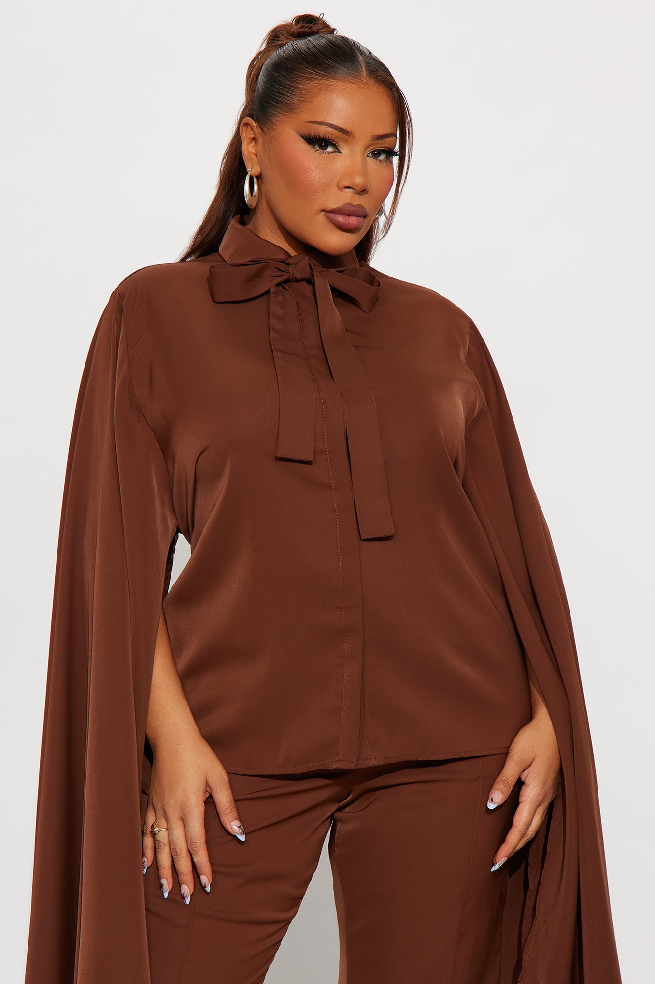 Amaya Cape Sleeve Blouse Pant Set - Chocolate