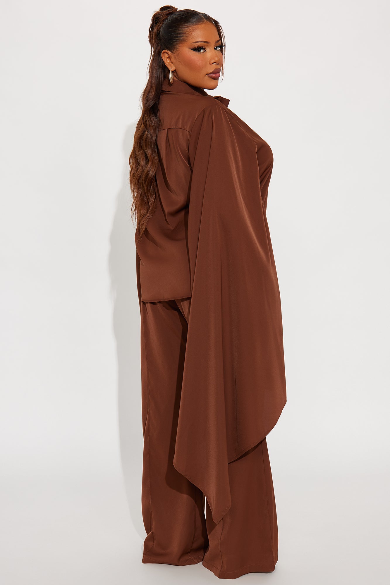 Amaya Cape Sleeve Blouse Pant Set - Chocolate
