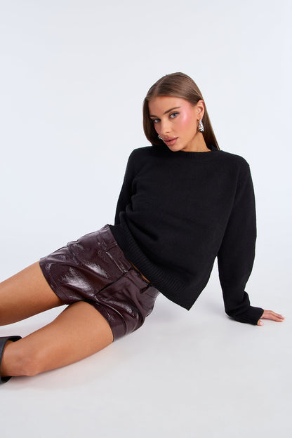Up To No Good Faux Patent Leather Micro Short - Chocolate