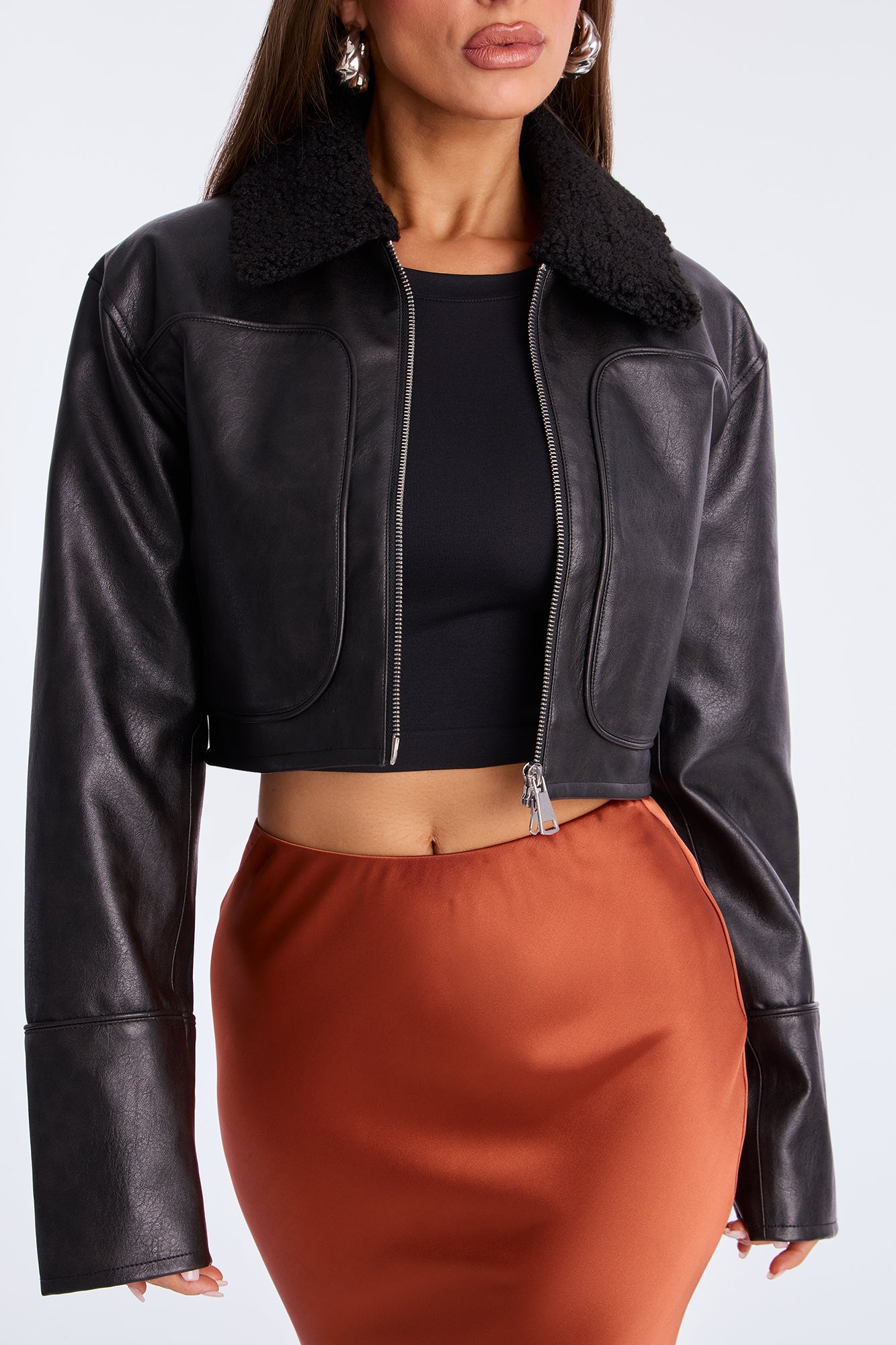 Fly High Faux Leather Cropped Jacket - Black