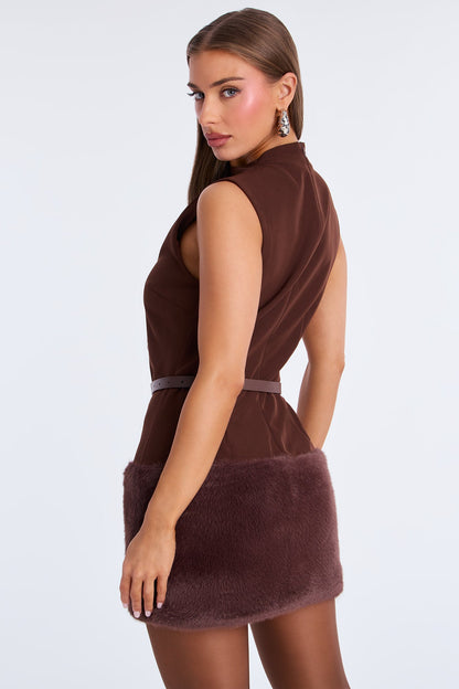 Callie Belted Fur Trim Mini Dress - Brown