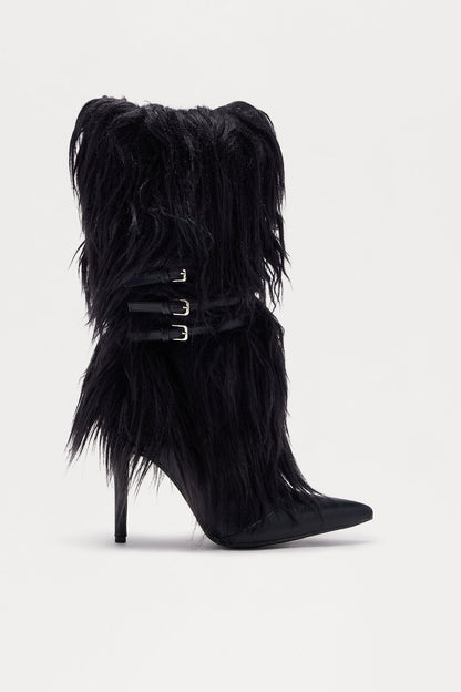 Lambo Faux Fur Knee High Boots - Black