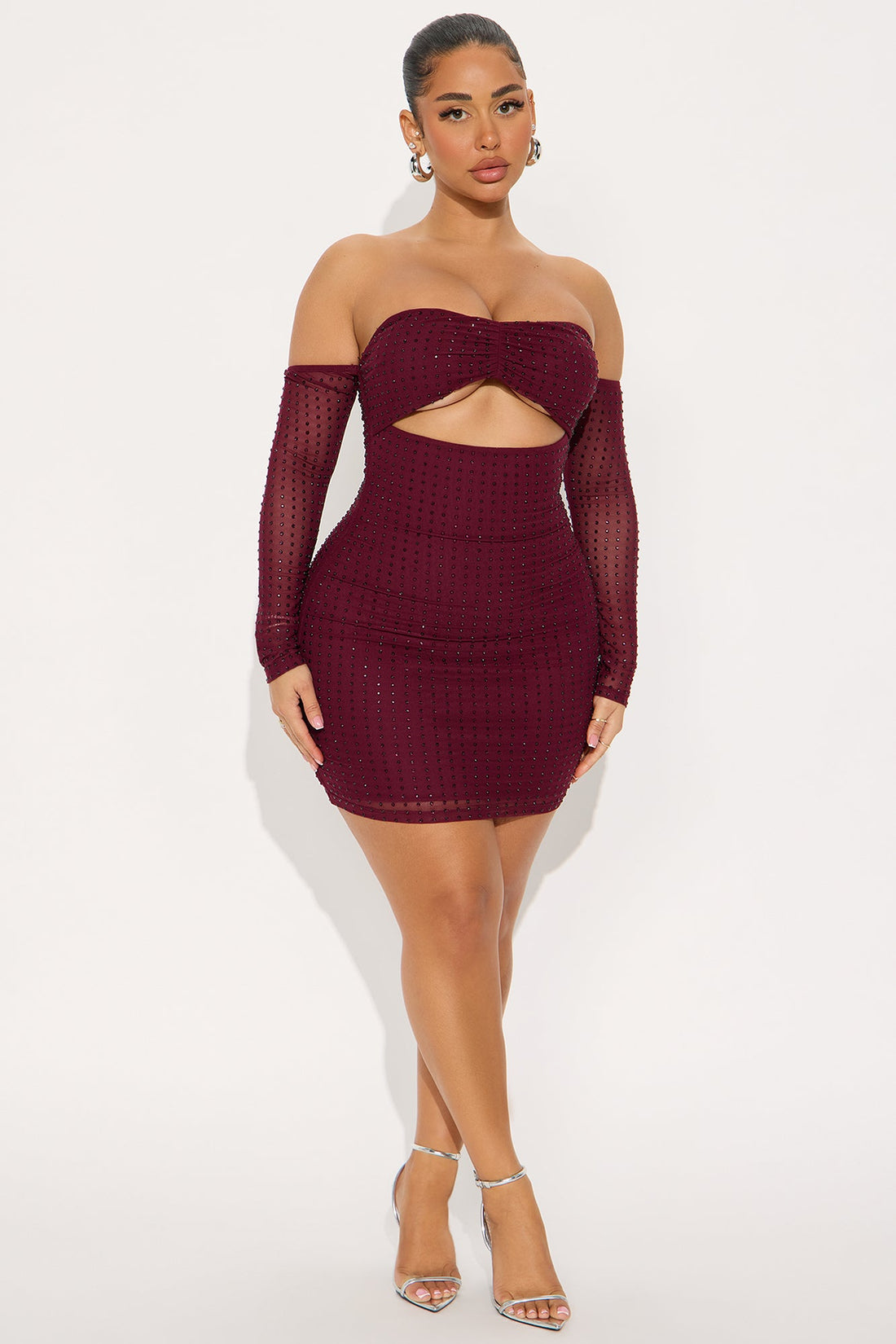 Feminine Aura Rhinestone Mini Dress - Wine