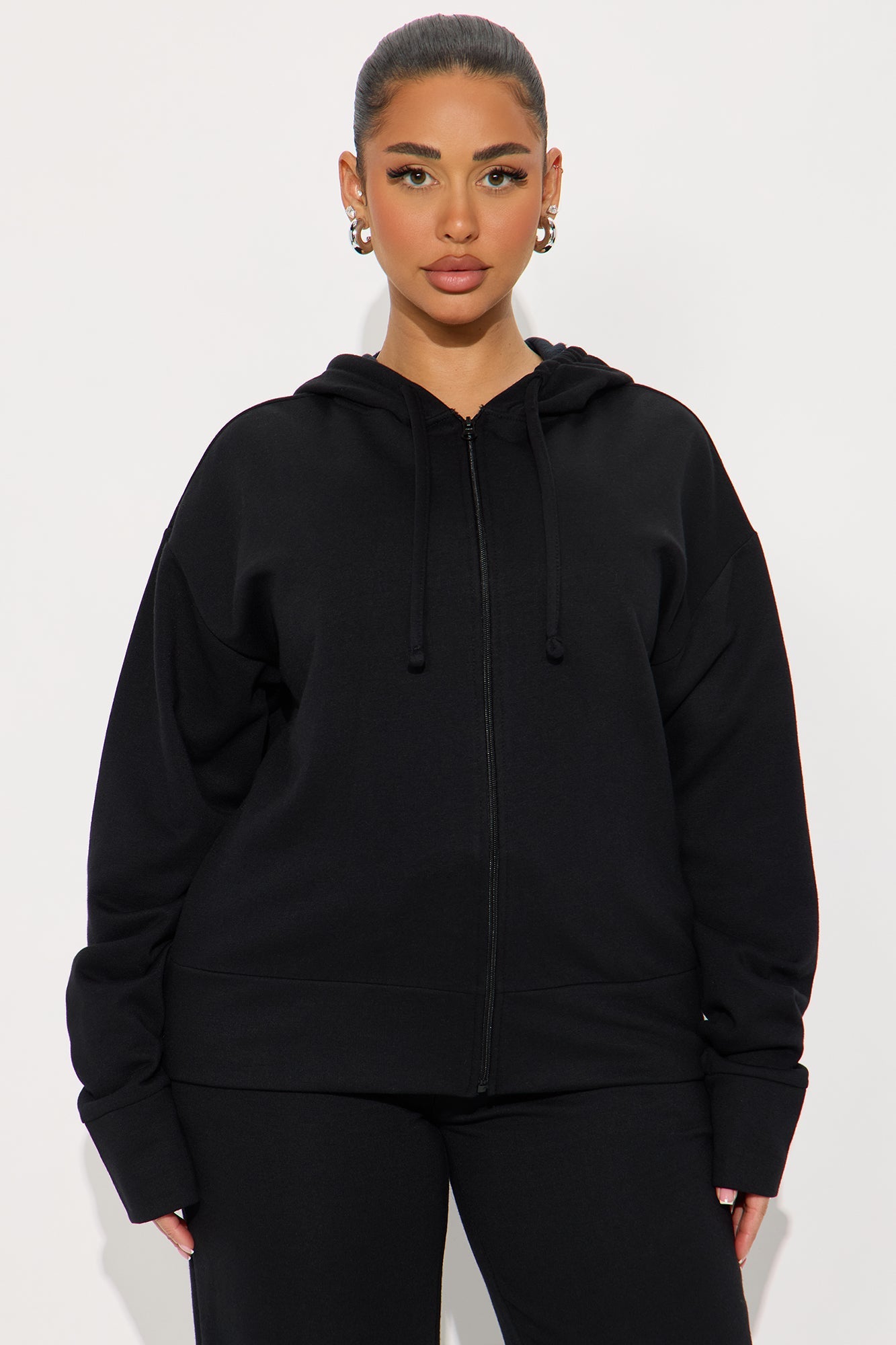 Brooke Oversized Zip Up Fleece Pant Set - Black