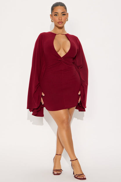 Masked Beauty Cape Sleeve Mini Dress - Burgundy
