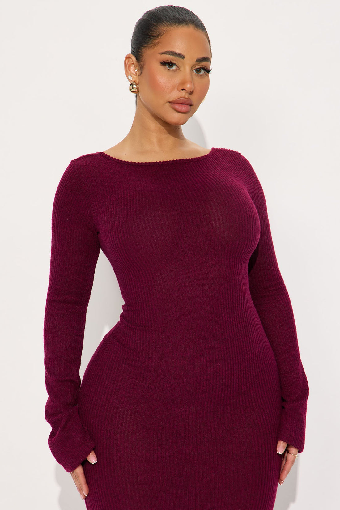 Cuddled Up Long Sleeve Maxi Dress - Burgundy