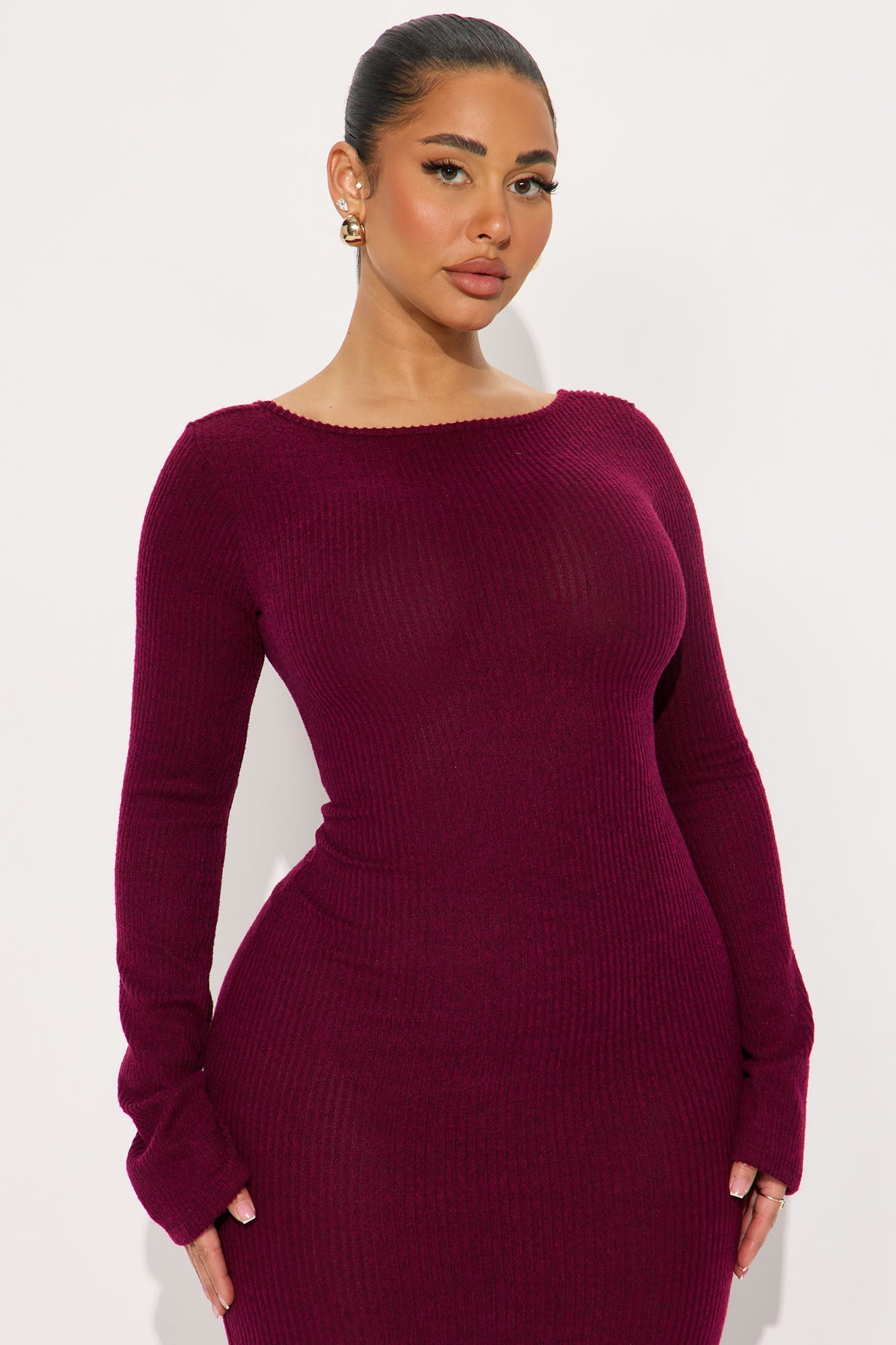Cuddled Up Long Sleeve Maxi Dress - Burgundy