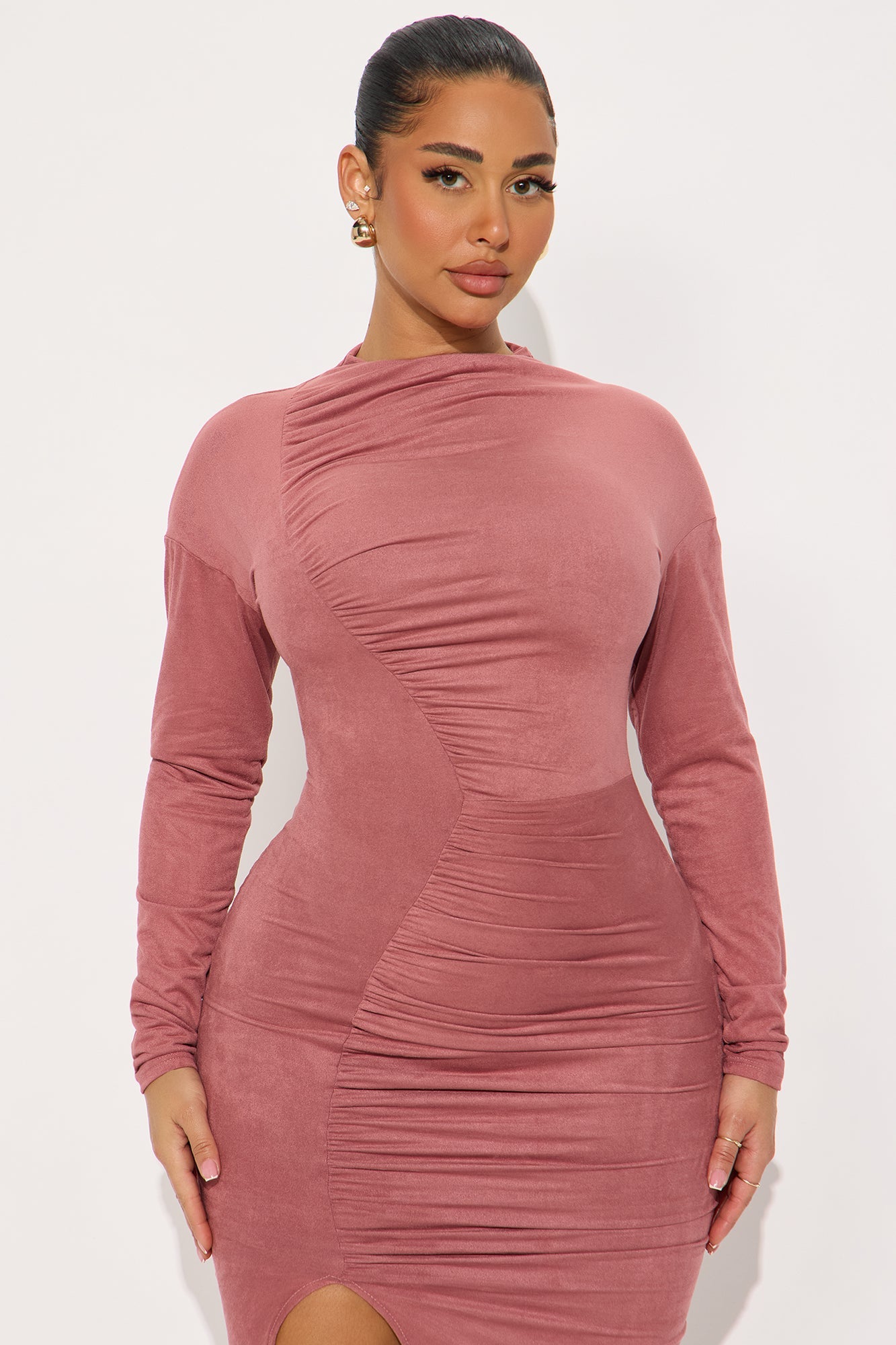 Melanie Ruched Suede Midi Dress - Rose