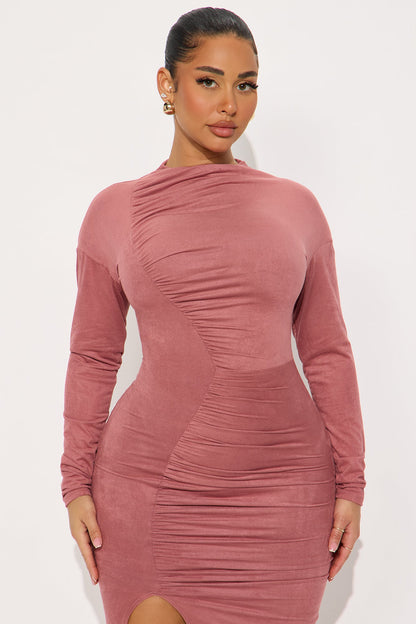 Melanie Ruched Suede Midi Dress - Rose