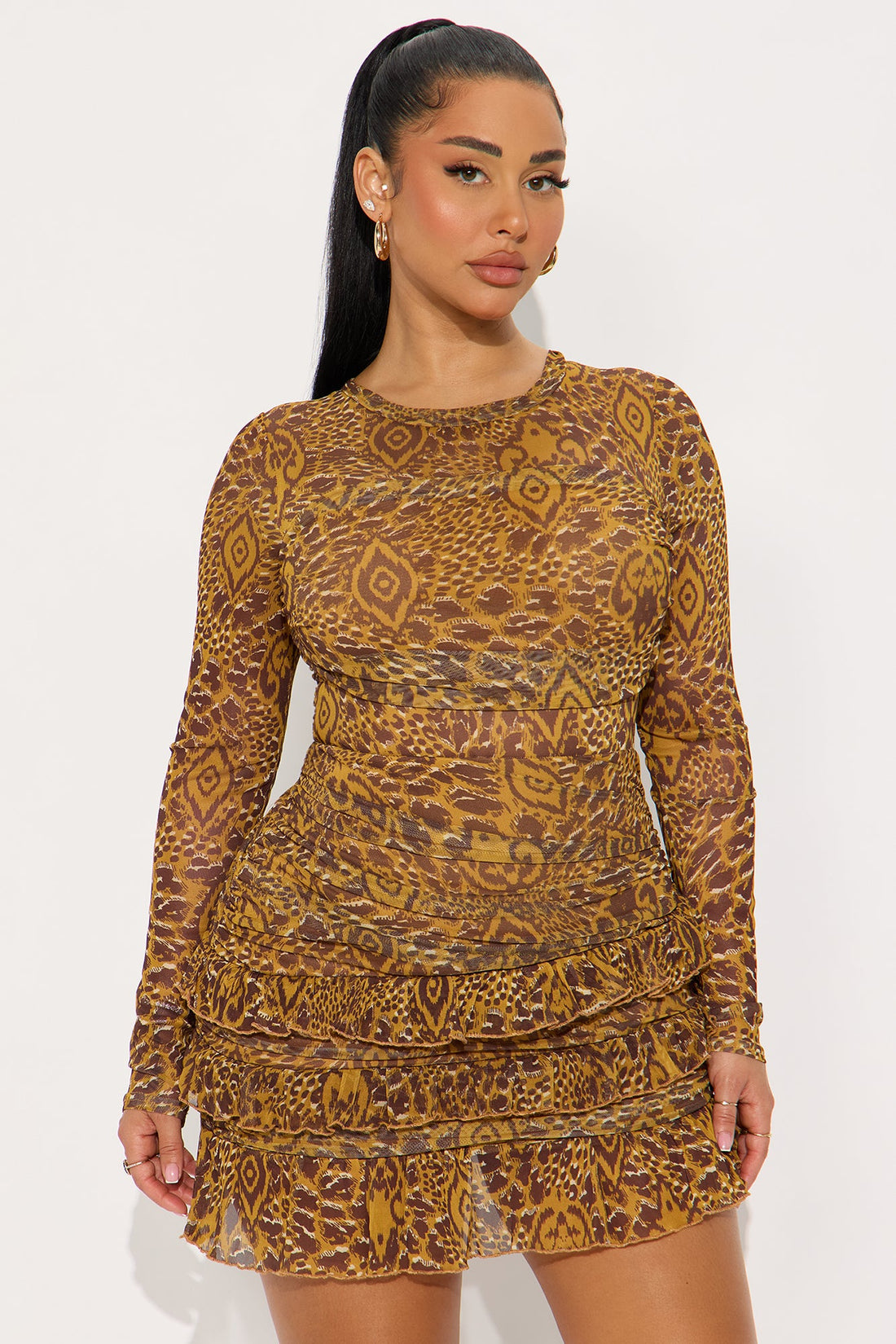 Marleena Mesh Micro Mini Dress - Brown/combo