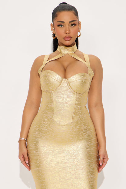 Kayla Metallic Bandage Midi Dress - Gold