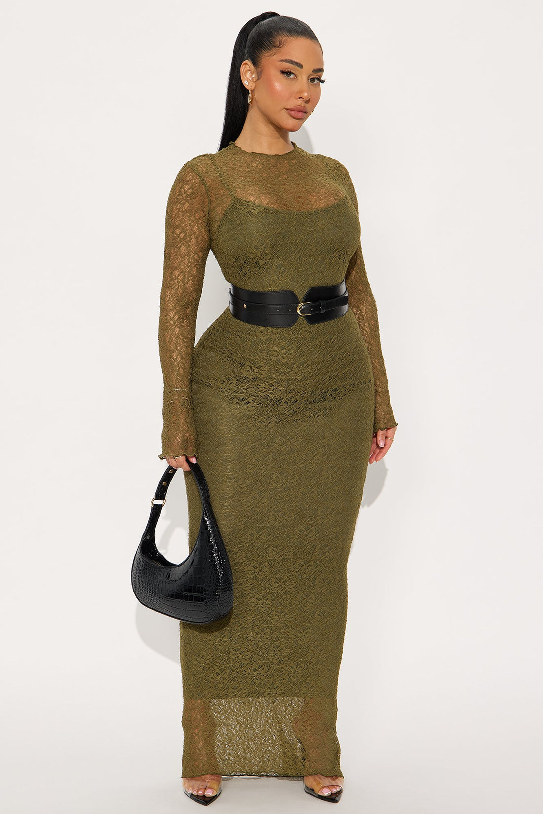 Tindra Belted Lace Maxi Dress - Olive