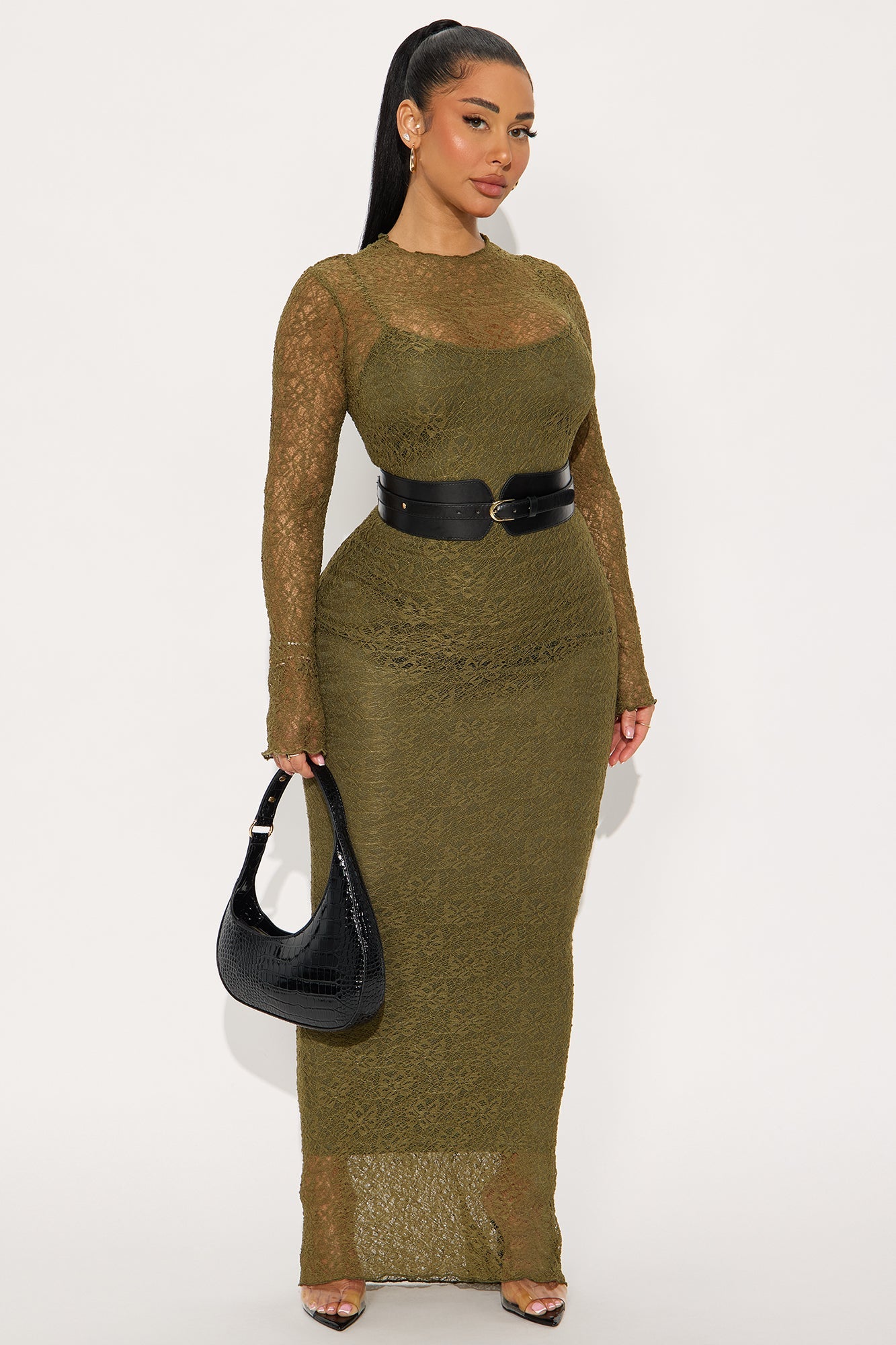 Tindra Belted Lace Maxi Dress - Olive