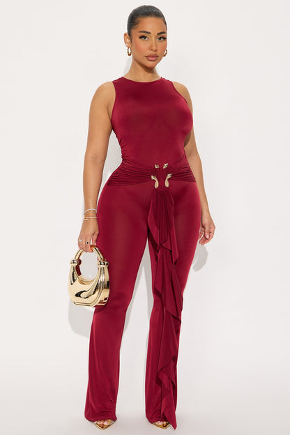 In The Moment Draped Jumpsuit - Wine