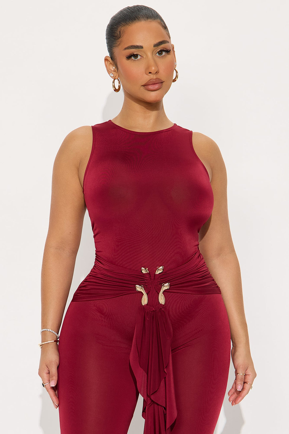 In The Moment Draped Jumpsuit - Wine