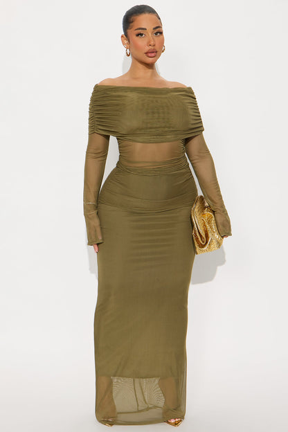 Just In Time Mesh Off Shoulder Maxi Skirt Set - Olive