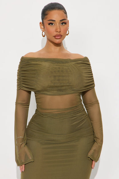 Just In Time Mesh Off Shoulder Maxi Skirt Set - Olive
