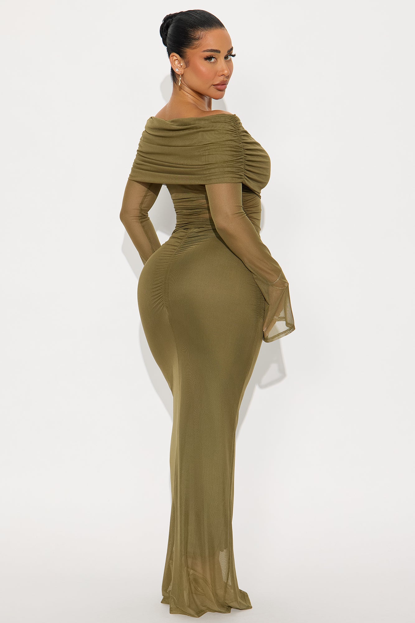 Just In Time Mesh Off Shoulder Maxi Skirt Set - Olive