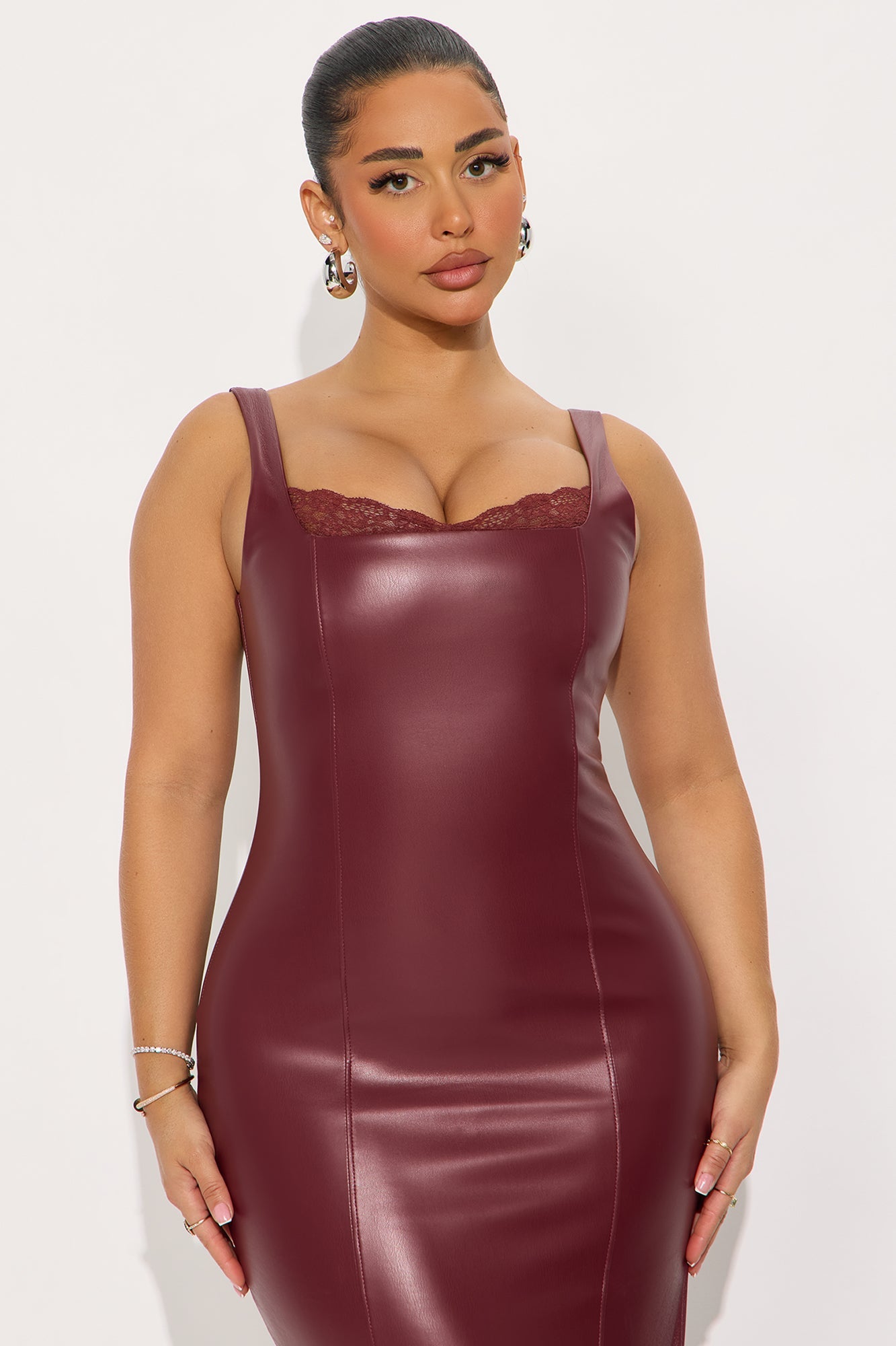 Celice Faux Leather Midi Dress - Wine