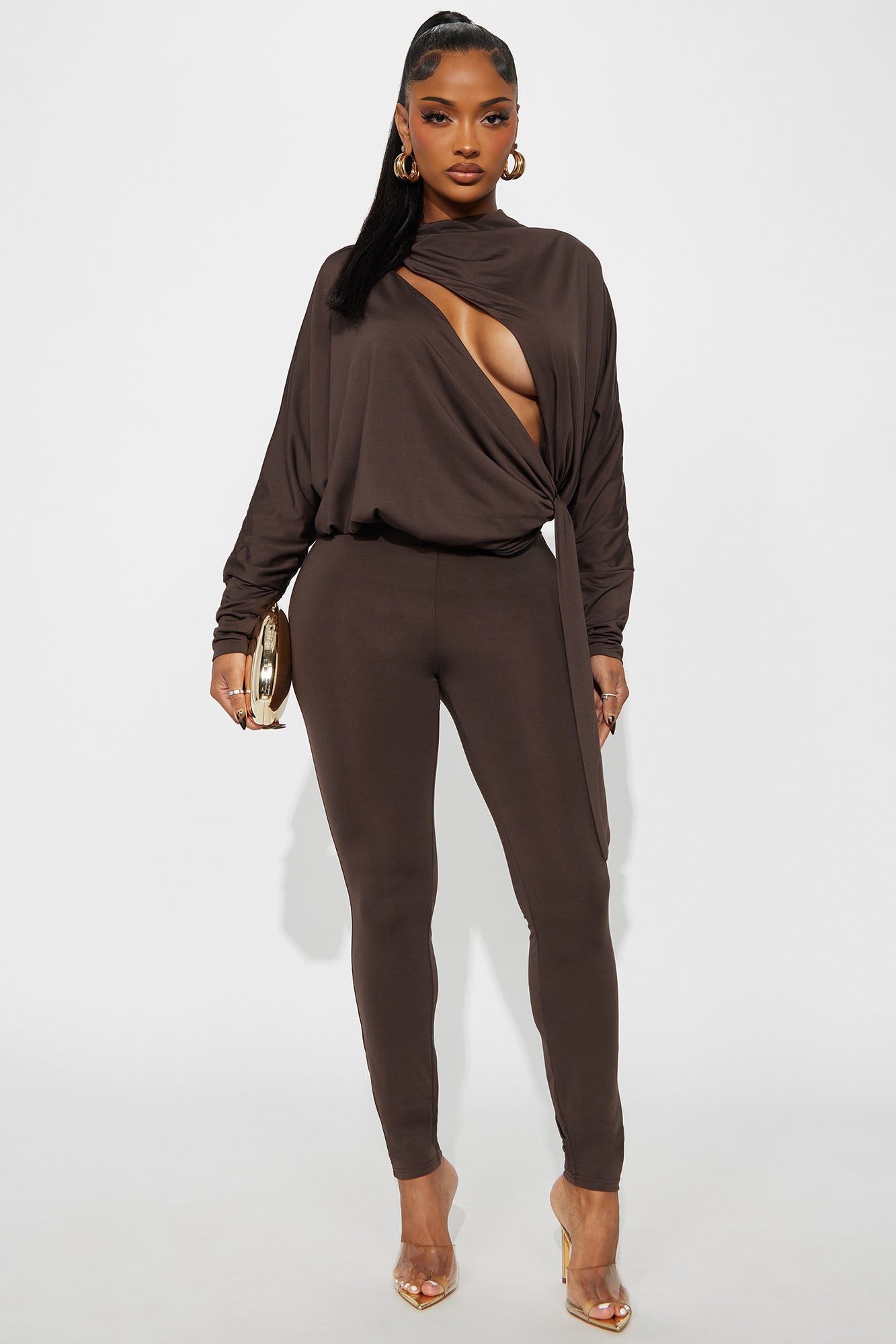 Eden Long Sleeve Skinny Leg Jumpsuit - Chocolate