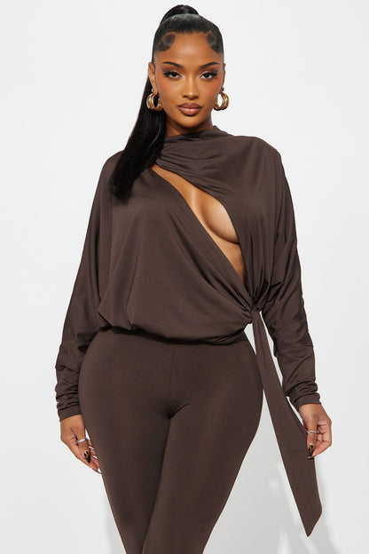 Eden Long Sleeve Skinny Leg Jumpsuit - Chocolate