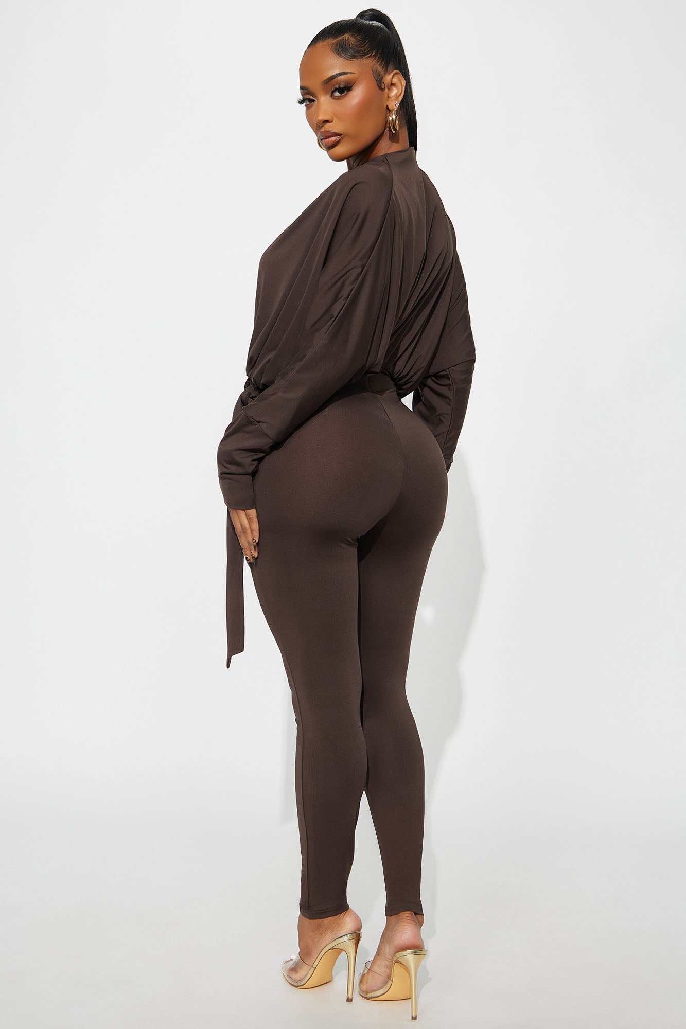 Eden Long Sleeve Skinny Leg Jumpsuit - Chocolate